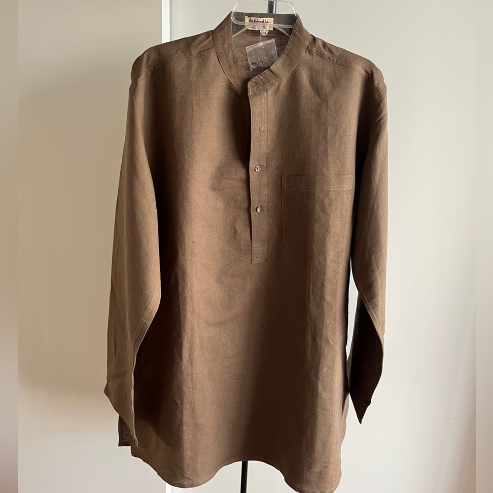 NWT FabIndia  Men’s Taupe Beige Brown Woven Linen Blend Nehru Kurta Sz 42 XL